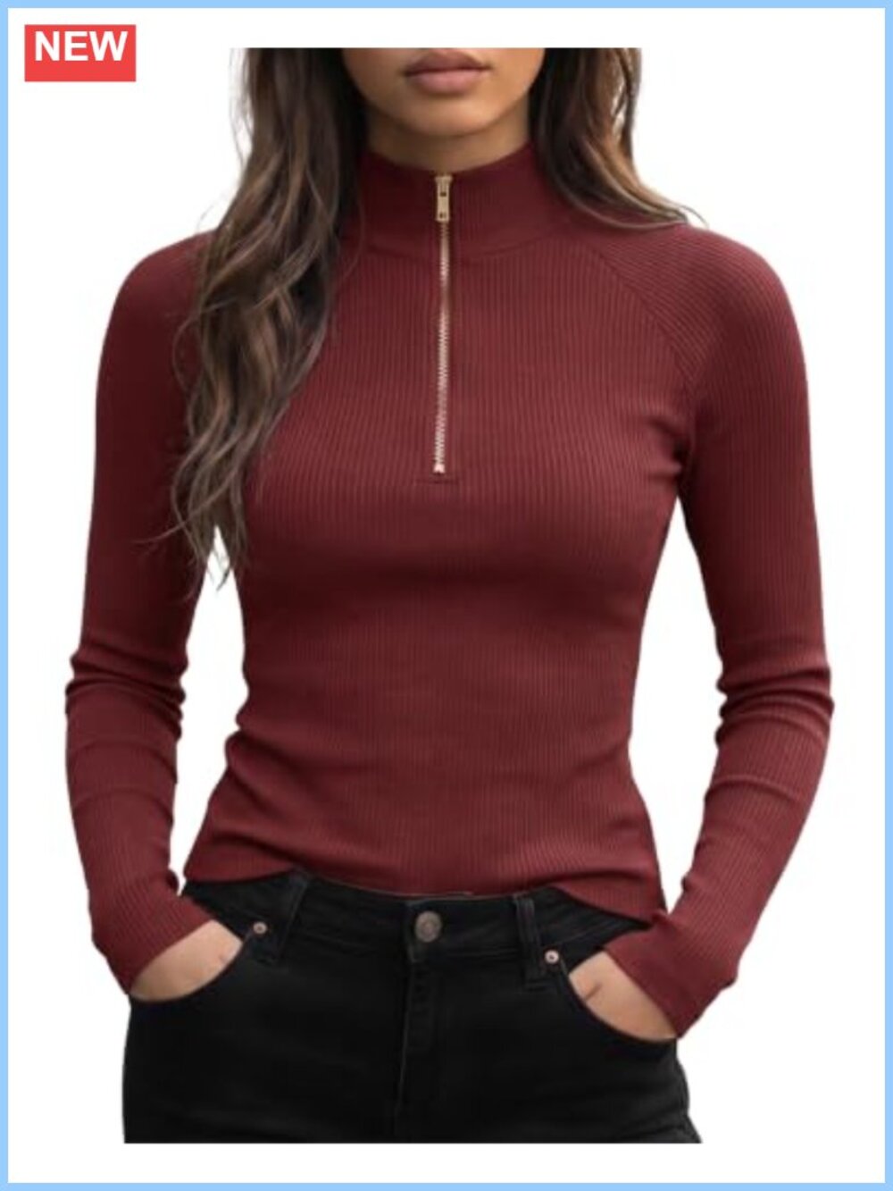 Ribbed Quarter Zip Mock Neck Long Sleeve Fitted Top Women Casual Fall Winter